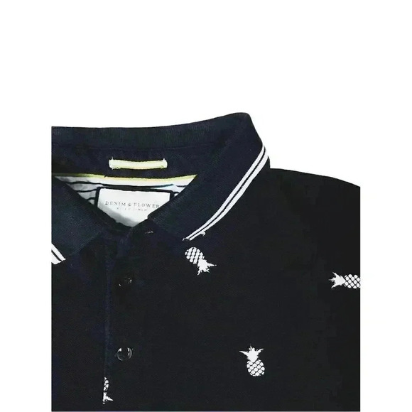 Denim & Flower Men's Black Polo Shirt Pineapple Skull Pattern Size Large - Picture 3 of 9
